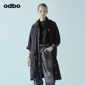 odbo 原創設計 中長款 工裝連帽外套 女2022新款 印花抽身收腰風衣