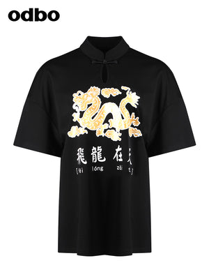 Heardbyodbo國潮盤扣設計創意印花短袖T恤女夏季純棉寬鬆黑色