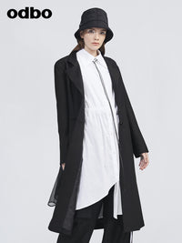 Odbo網紗拼接長款西裝外套女春秋冬2022年新款黑色氣質顯瘦上衣
