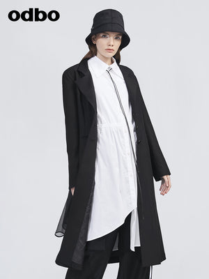 Odbo網紗拼接長款西裝外套女春秋冬2022年新款黑色氣質顯瘦上衣