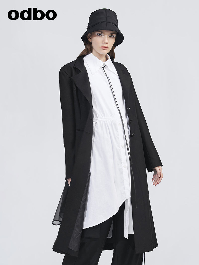Odbo網紗拼接長款西裝外套女春秋冬2022年新款黑色氣質顯瘦上衣