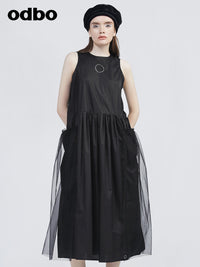 Odboa字減齡無袖連衣裙女夏新款拼接網紗黑色別緻設計感氣質顯瘦