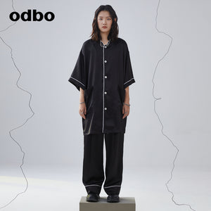 odbo 夏日套装休闲长裤显瘦睡衣风v领设计感衬衫高级感女装冷淡风