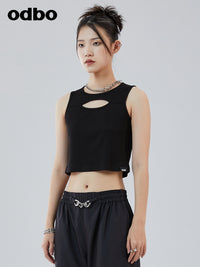 odbo 甜辣外穿设计感短款背心女款夏2022显瘦露脐黑色无袖上衣潮