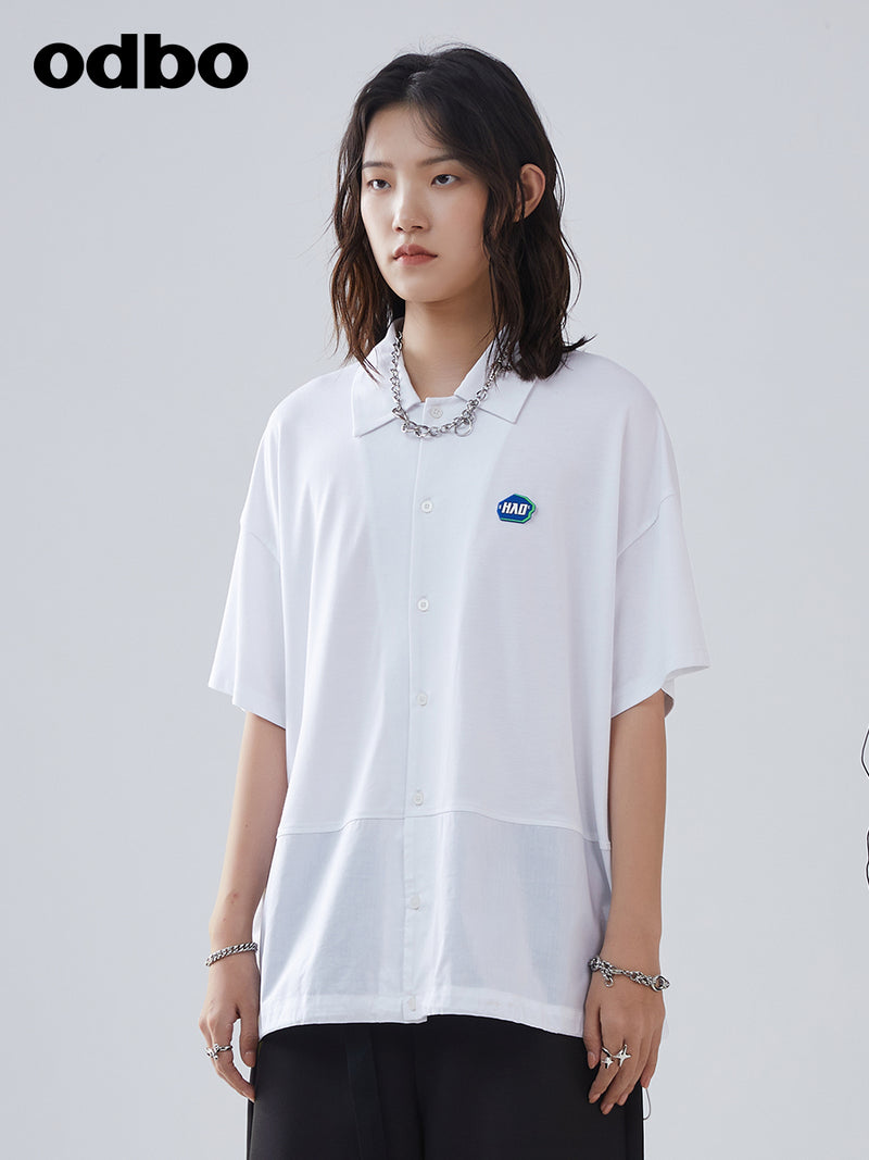 odbo 森女系上衣襯衣 2022夏 短袖拼接 中長白色襯衫