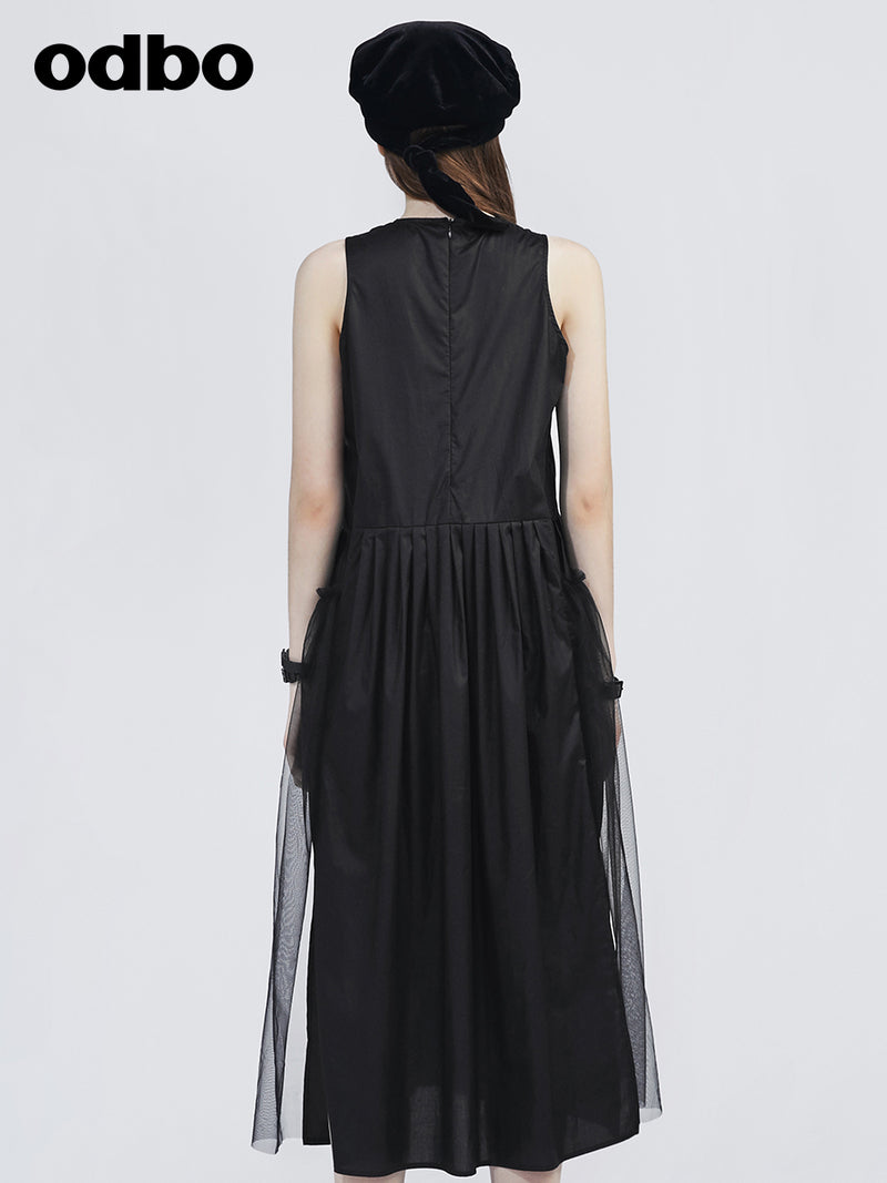 Odboa字減齡無袖連衣裙女夏新款拼接網紗黑色別緻設計感氣質顯瘦