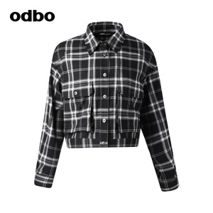 【商場同款】odbo/歐迪比歐格子短外套女秋冬2022年新款襯衫上衣