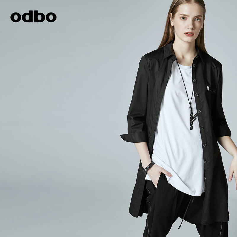 Odbo/歐迪比歐專櫃同款設計師品牌新款女簡約中長氣質襯衫外套