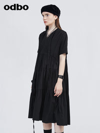 Odbo女神范氣質短袖V領黑色連衣裙女夏2022年新款寬鬆顯瘦小黑裙