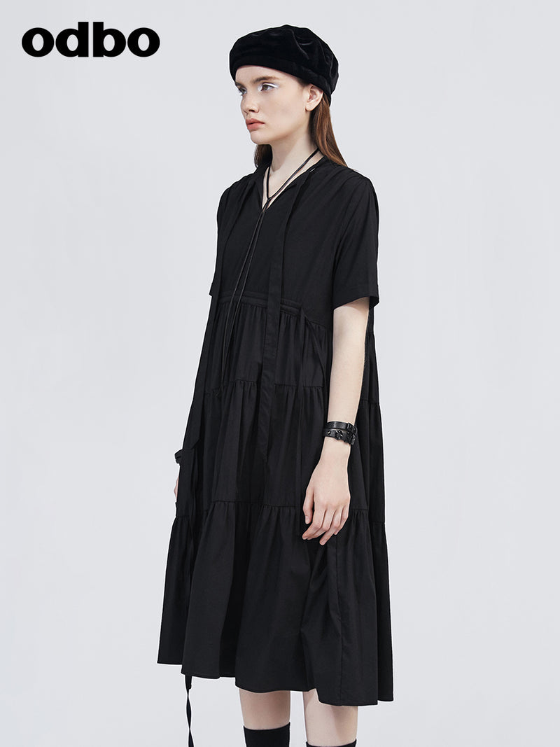 Odbo女神范氣質短袖V領黑色連衣裙女夏2022年新款寬鬆顯瘦小黑裙