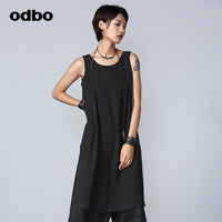 Odbo小眾假兩件連體褲女夏薄款亞麻時尚百搭黑色寬鬆闊腿七分褲