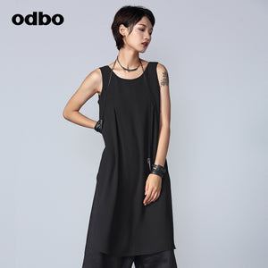 Odbo小眾假兩件連體褲女夏薄款亞麻時尚百搭黑色寬鬆闊腿七分褲