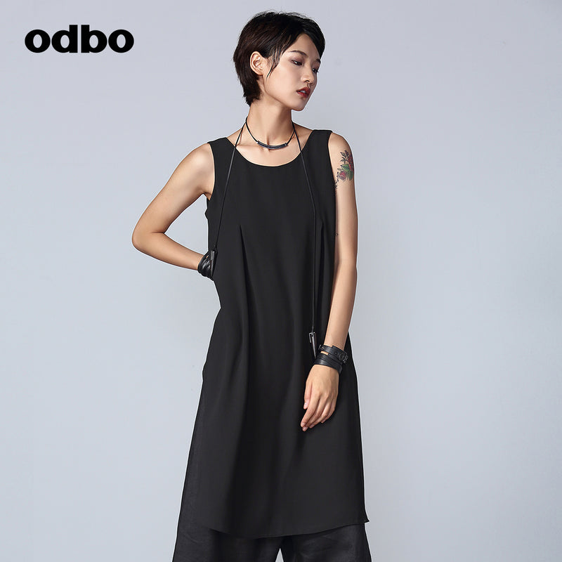 Odbo小眾假兩件連體褲女夏薄款亞麻時尚百搭黑色寬鬆闊腿七分褲