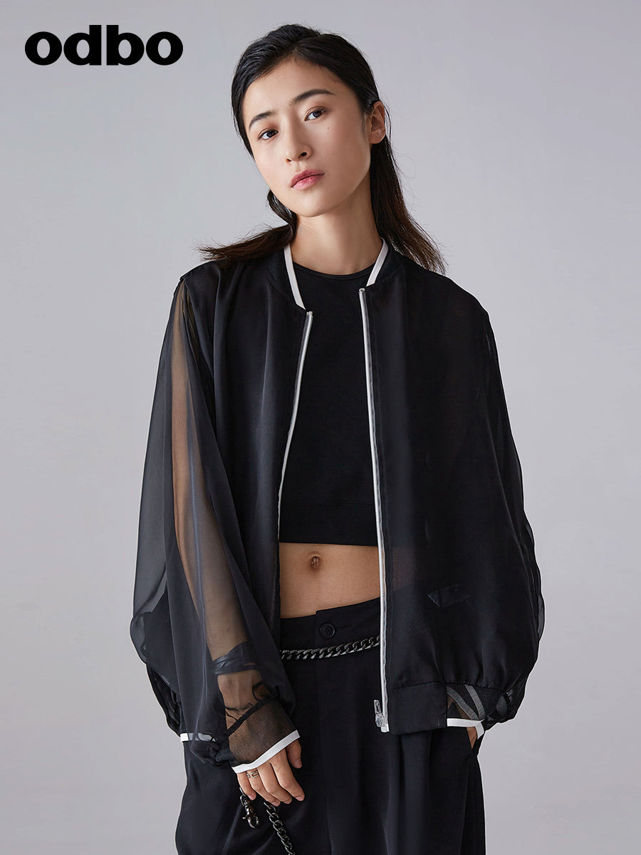Odbo 夏季2022年新款網紗短外套女薄款透氣寬鬆百搭時尚防曬上衣
