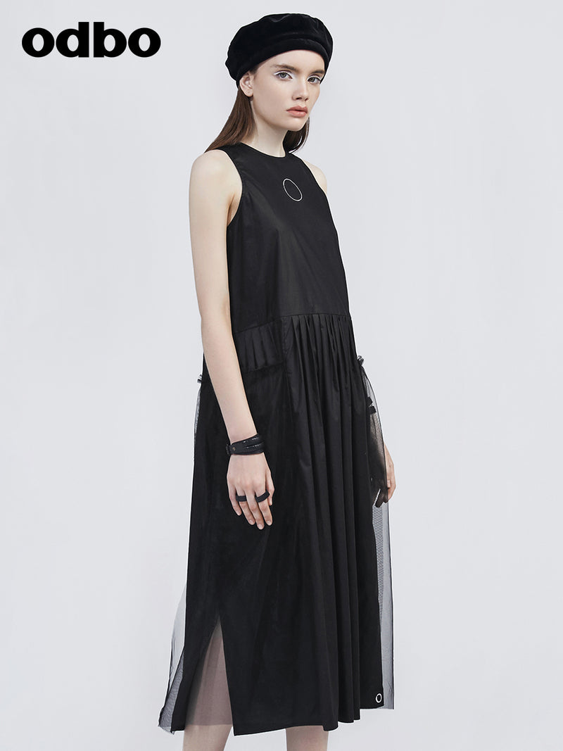 Odboa字減齡無袖連衣裙女夏新款拼接網紗黑色別緻設計感氣質顯瘦