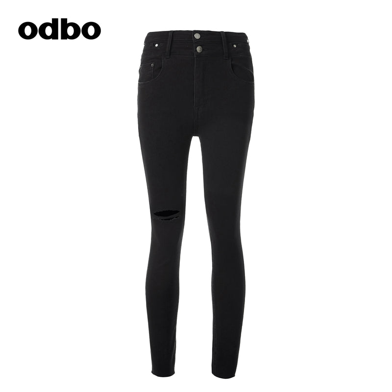 【商場同款】odbo/歐迪比歐春裝2022年新款女破洞小腳牛仔休閒褲
