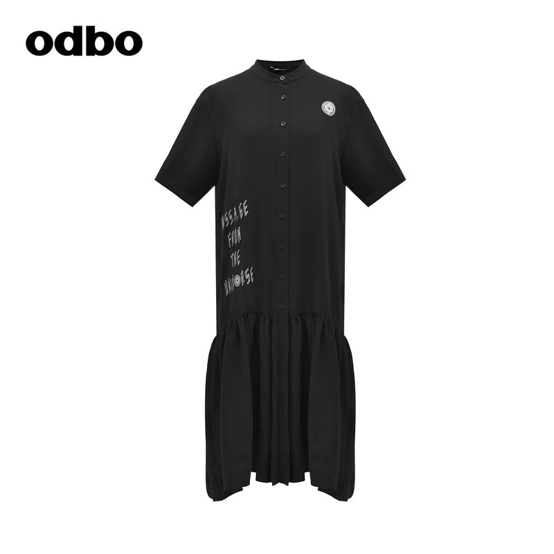 Odbo 刺繡字母襯衫式荷葉邊連衣裙女早秋新款氣質顯瘦黑色短袖潮
