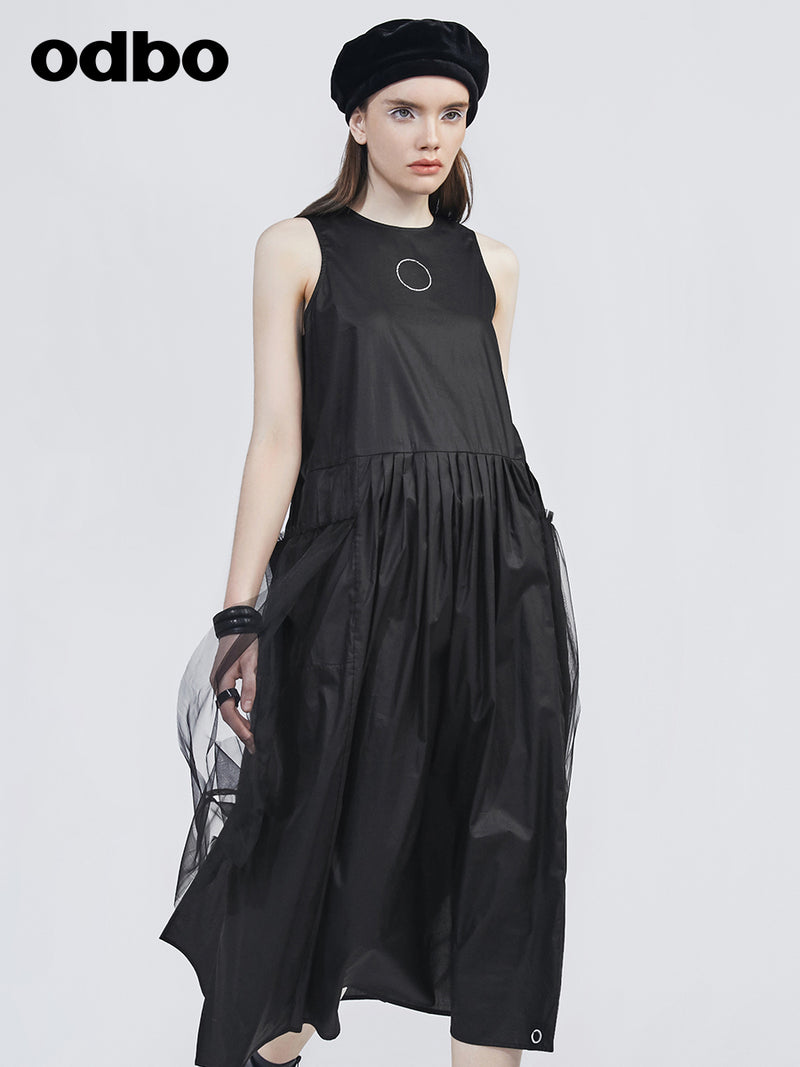 Odboa字減齡無袖連衣裙女夏新款拼接網紗黑色別緻設計感氣質顯瘦