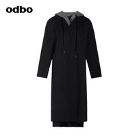 Odbo中長款雙面羊絨大衣女2022年新款寬鬆百搭撞色連帽毛呢外套