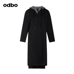 Odbo中長款雙面羊絨大衣女2022年新款寬鬆百搭撞色連帽毛呢外套