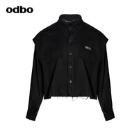 Odbo寬鬆可拆卸袖工裝風短外套女秋冬新款休閒百搭毛邊上衣潮牌