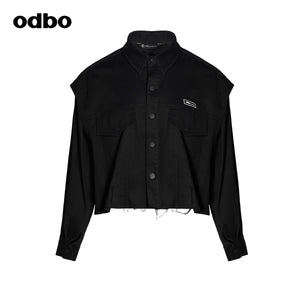 Odbo寬鬆可拆卸袖工裝風短外套女秋冬新款休閒百搭毛邊上衣潮牌