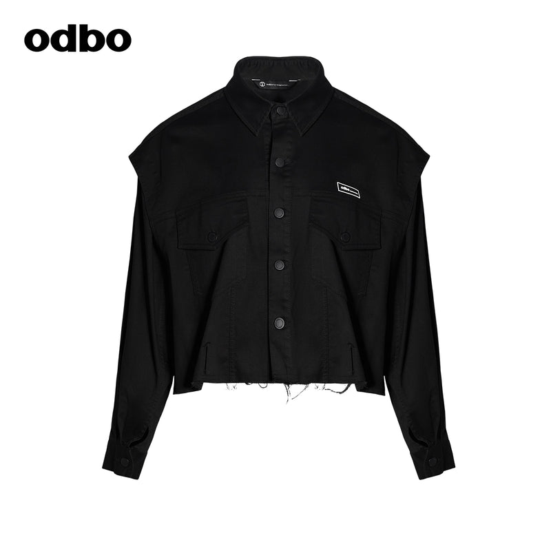 Odbo寬鬆可拆卸袖工裝風短外套女秋冬新款休閒百搭毛邊上衣潮牌