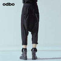 Odbo潮牌百搭吊襠褲女夏季新款鬆緊高腰哈倫褲黑色顯瘦卷邊垮褲