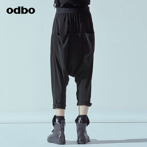 Odbo潮牌百搭吊襠褲女夏季新款鬆緊高腰哈倫褲黑色顯瘦卷邊垮褲