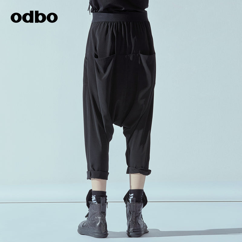 Odbo潮牌百搭吊襠褲女夏季新款鬆緊高腰哈倫褲黑色顯瘦卷邊垮褲