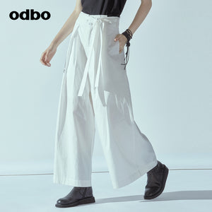 Odbo高腰垂感白色闊腿褲女夏季2022新款純棉百搭寬鬆休閒長褲子