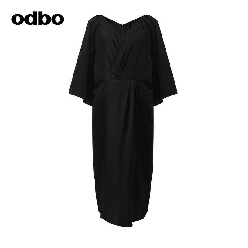 Odbo輕熟風黑色前後兩穿v領連衣裙女夏季2022年新款氣質顯瘦小眾