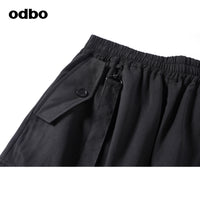 Odbo天絲棉工裝風鬆緊高腰黑色闊腿休閒七分褲女寬鬆夏可拆織帶