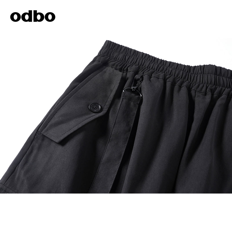 Odbo天絲棉工裝風鬆緊高腰黑色闊腿休閒七分褲女寬鬆夏可拆織帶