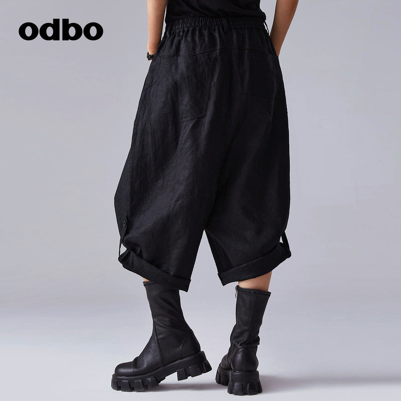 odbo抽繩 收腰 黑色休閒褲 女 七分 闊腿工裝褲