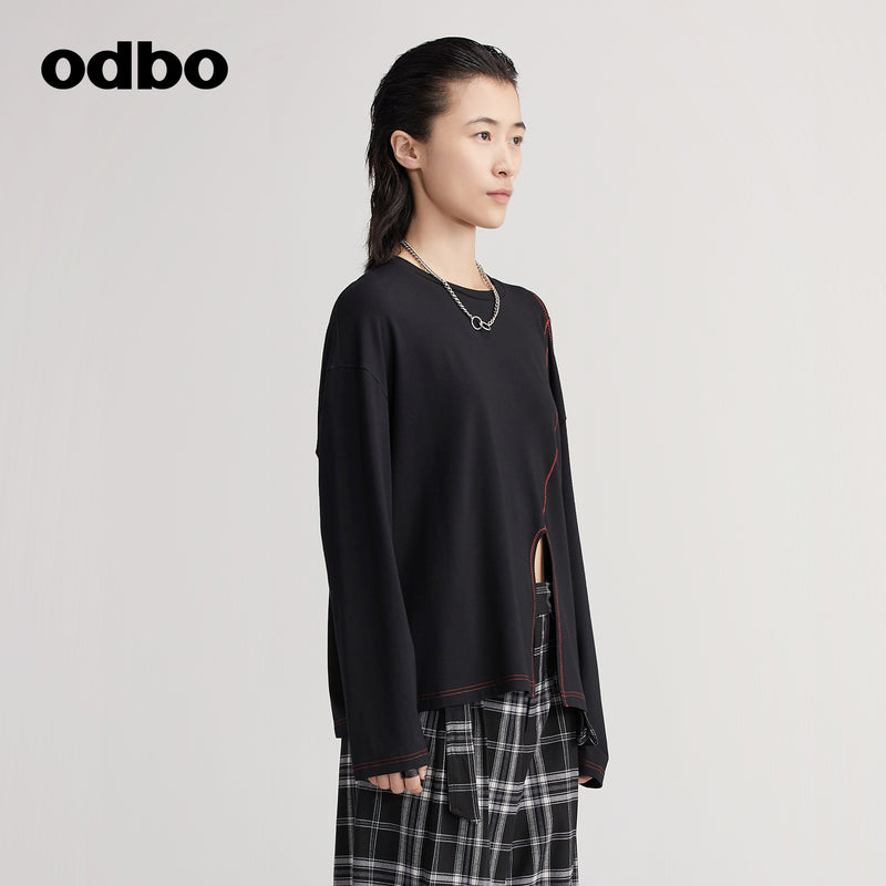 【商場同款】odbo/歐迪比歐明線裝飾露肩T恤女秋冬2022年新款上衣