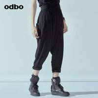Odbo潮牌百搭吊襠褲女夏季新款鬆緊高腰哈倫褲黑色顯瘦卷邊垮褲