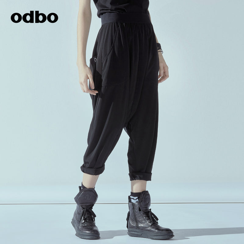 Odbo潮牌百搭吊襠褲女夏季新款鬆緊高腰哈倫褲黑色顯瘦卷邊垮褲