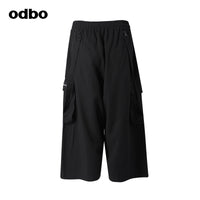Odbo天絲棉工裝風鬆緊高腰黑色闊腿休閒七分褲女寬鬆夏可拆織帶