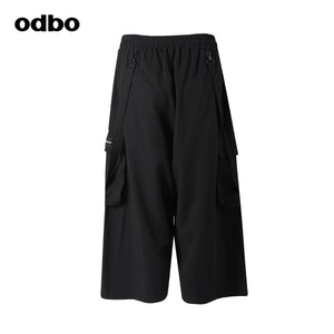 Odbo天絲棉工裝風鬆緊高腰黑色闊腿休閒七分褲女寬鬆夏可拆織帶