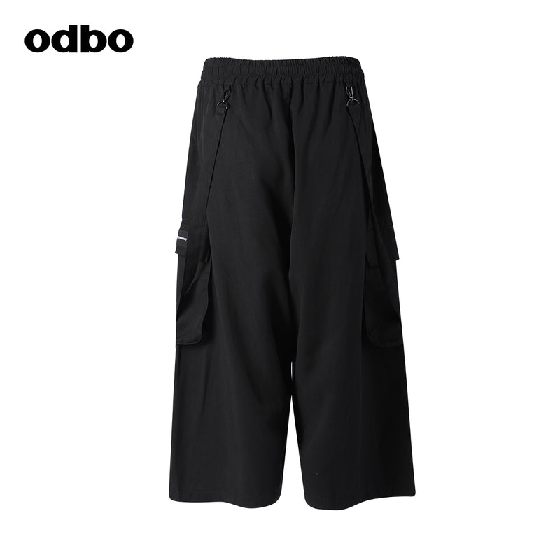 Odbo天絲棉工裝風鬆緊高腰黑色闊腿休閒七分褲女寬鬆夏可拆織帶