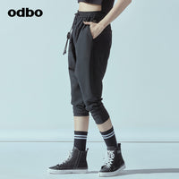 Odbo鬆緊高腰抽繩運動七分哈倫褲女春夏黑色百搭寬鬆顯瘦吊襠褲