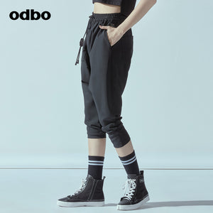 Odbo鬆緊高腰抽繩運動七分哈倫褲女春夏黑色百搭寬鬆顯瘦吊襠褲