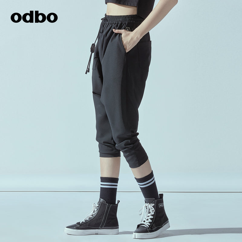 Odbo鬆緊高腰抽繩運動七分哈倫褲女春夏黑色百搭寬鬆顯瘦吊襠褲