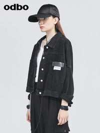 Odbo復古港味黑色短款牛仔外套女2022春季新款寬鬆百搭長袖潮牌