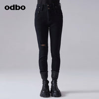【商場同款】odbo/歐迪比歐春裝2022年新款女破洞小腳牛仔休閒褲