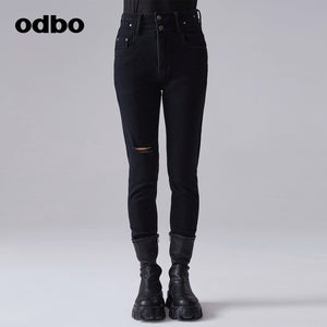 【商場同款】odbo/歐迪比歐春裝2022年新款女破洞小腳牛仔休閒褲