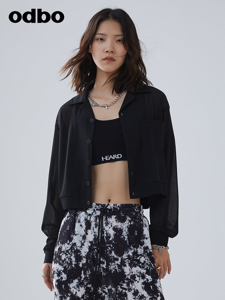 Odbo/歐迪比歐夏季2022年新款女單排扣黑色短外套女薄款防曬上衣