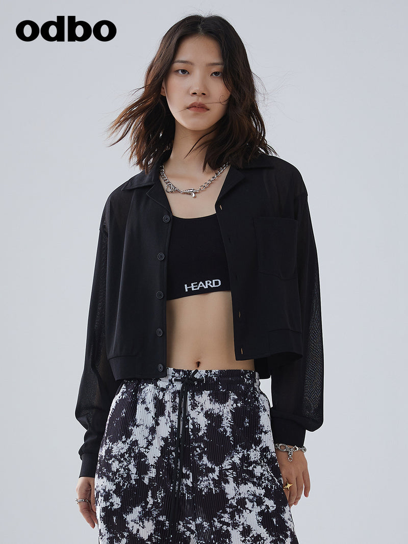 Odbo/歐迪比歐夏季2022年新款女單排扣黑色短外套女薄款防曬上衣