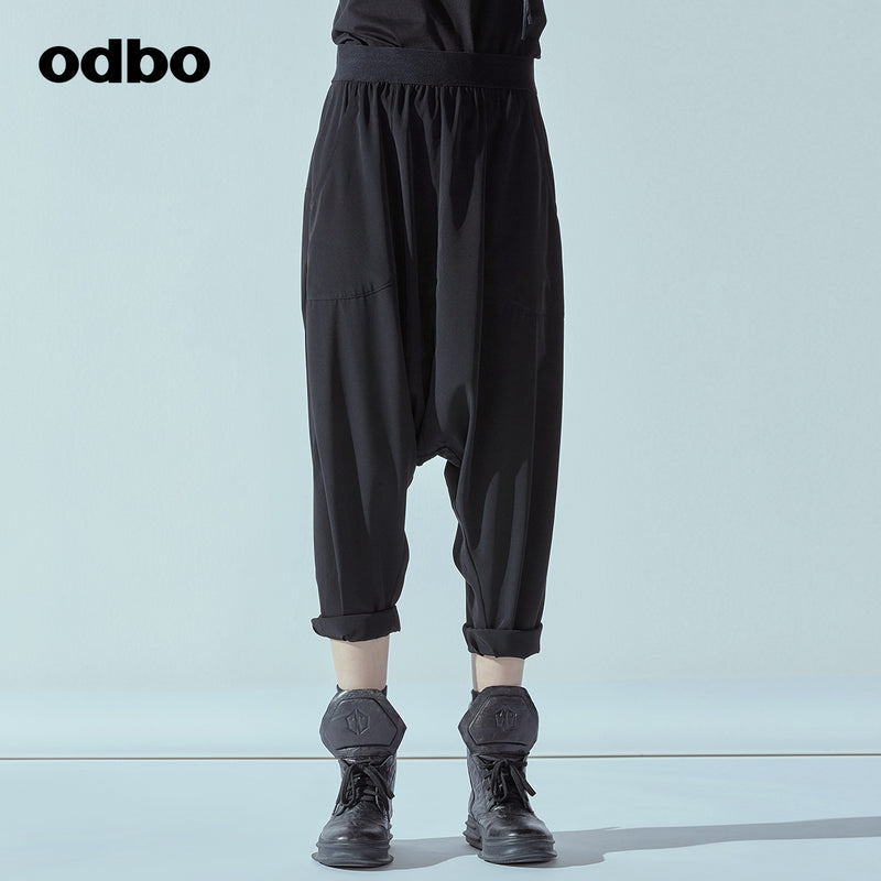 Odbo潮牌百搭吊襠褲女夏季新款鬆緊高腰哈倫褲黑色顯瘦卷邊垮褲